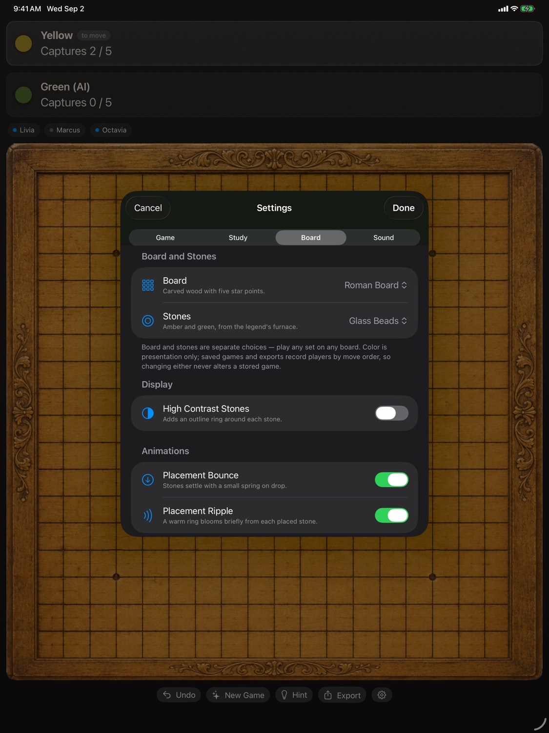 Lapilli settings on iPad