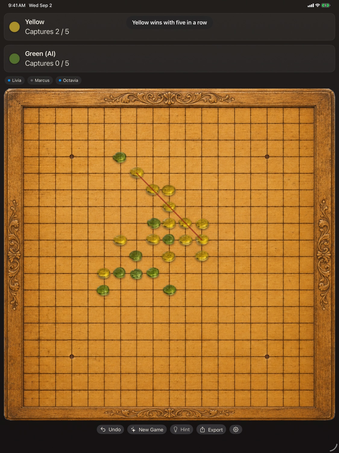 A five-in-a-row victory in Lapilli on iPad