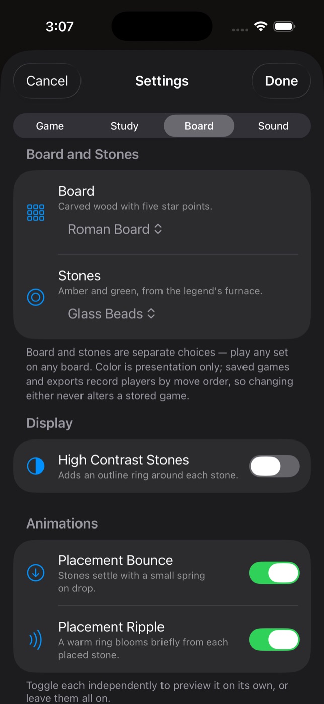Lapilli settings on iPhone