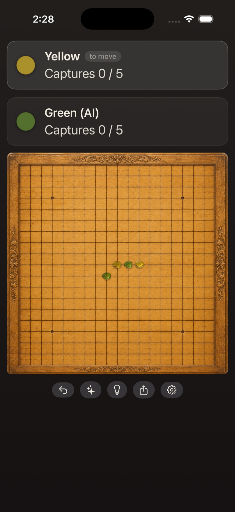 The main game screen: two score cards above the carved wooden board, a row of round control buttons below