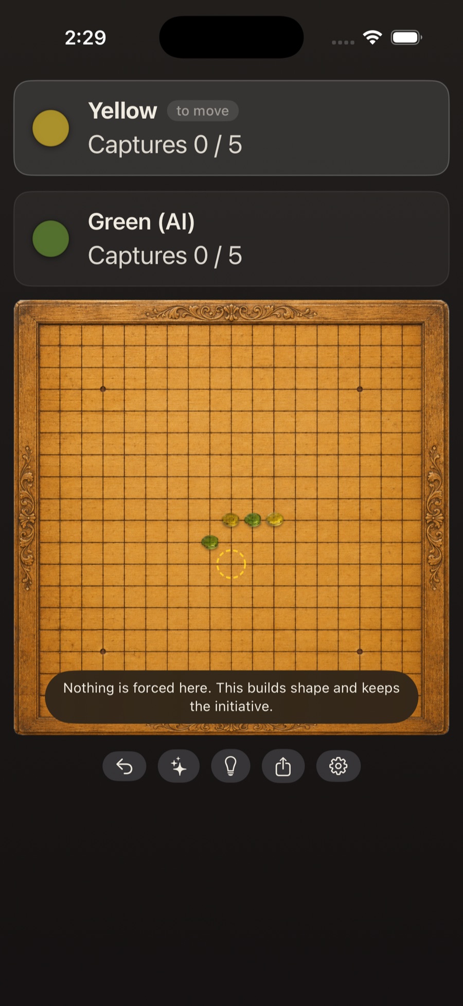 The game screen with a dashed golden ring on the suggested square and a caption reading: Nothing is forced here. This builds shape and keeps the initiative.
