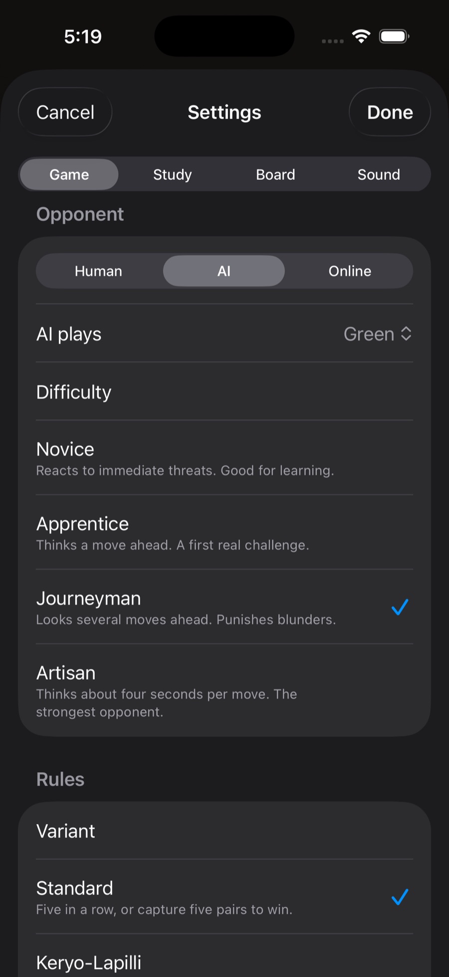 The Settings sheet: Opponent picker with Human, AI, and Online; the four difficulty tiers Novice, Apprentice, Journeyman, Artisan; the rules variants below