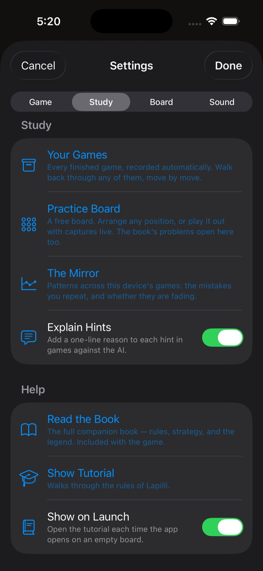 The Study section of Settings: Your Games, Practice Board, The Mirror, and the Explain Hints toggle